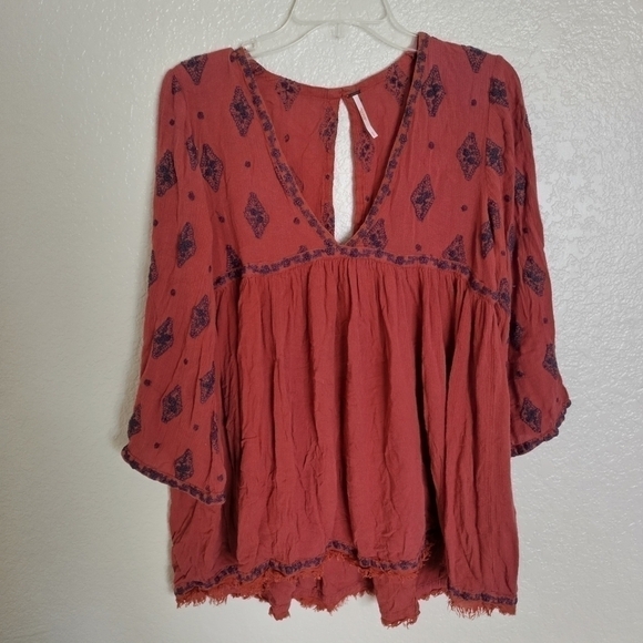 Free People Diamond Embroidered Bell sleeves Tunic Top dress sz S - Picture 3 of 7